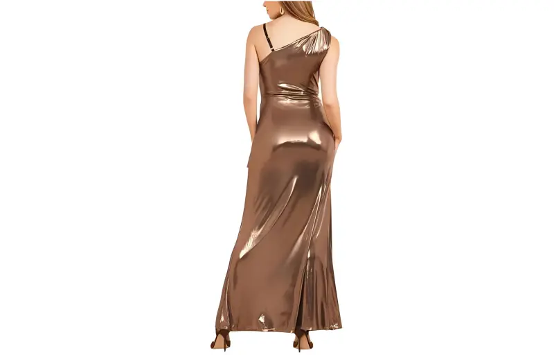 GUESS Naomi Metallic One-Shoulder Dress Slip Dresses Women's Gray Gold-1