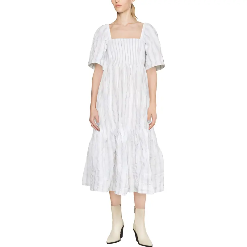 GANNI Striped Seersucker Midi Dress-1