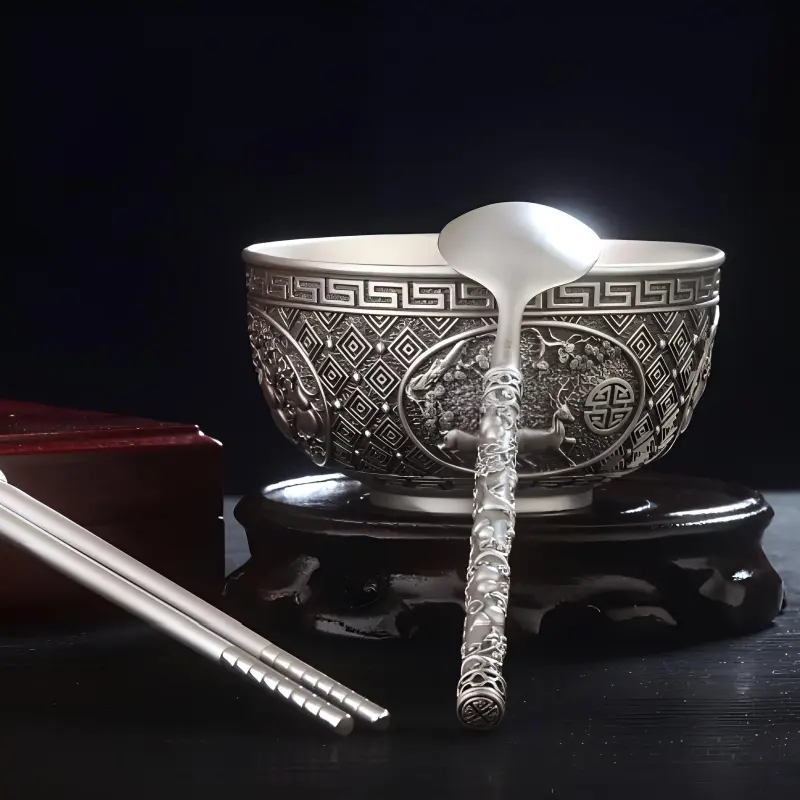 QINGFU 999 Fine Silver Solid Sterling Silver Bowl Chopsticks And Spoon Set Unisex-1