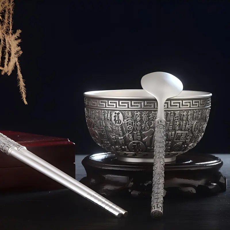 QINGFU 999 Fine Silver Sterling Silver Bowl, Chopsticks, And Spoon Set Unisex-1