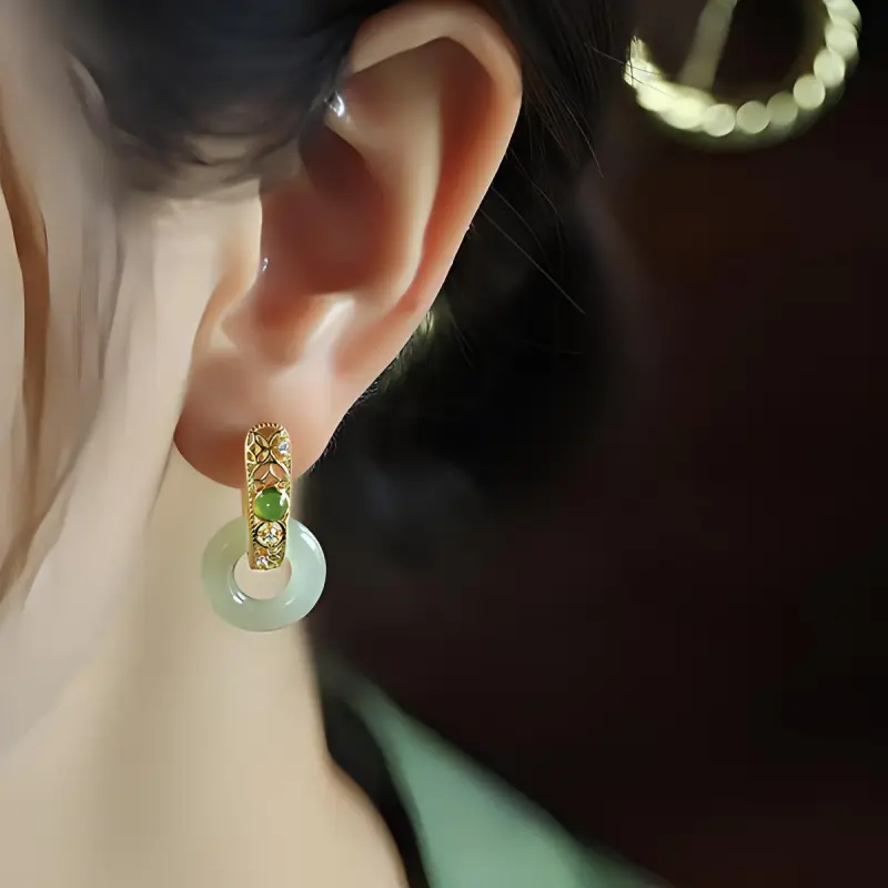 Xiaoyinjiang Earrings Pale Greenish White Jade Women's-1