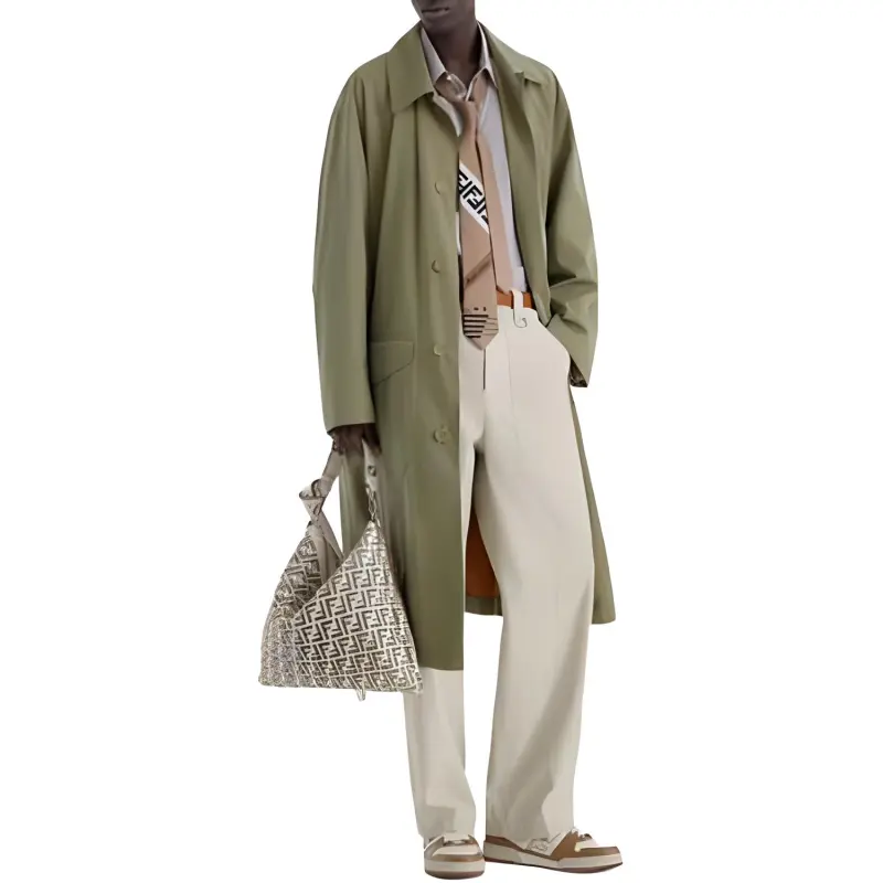 FENDI Green Coated Cotton Trench Coat Trench Coat Men's Green-2