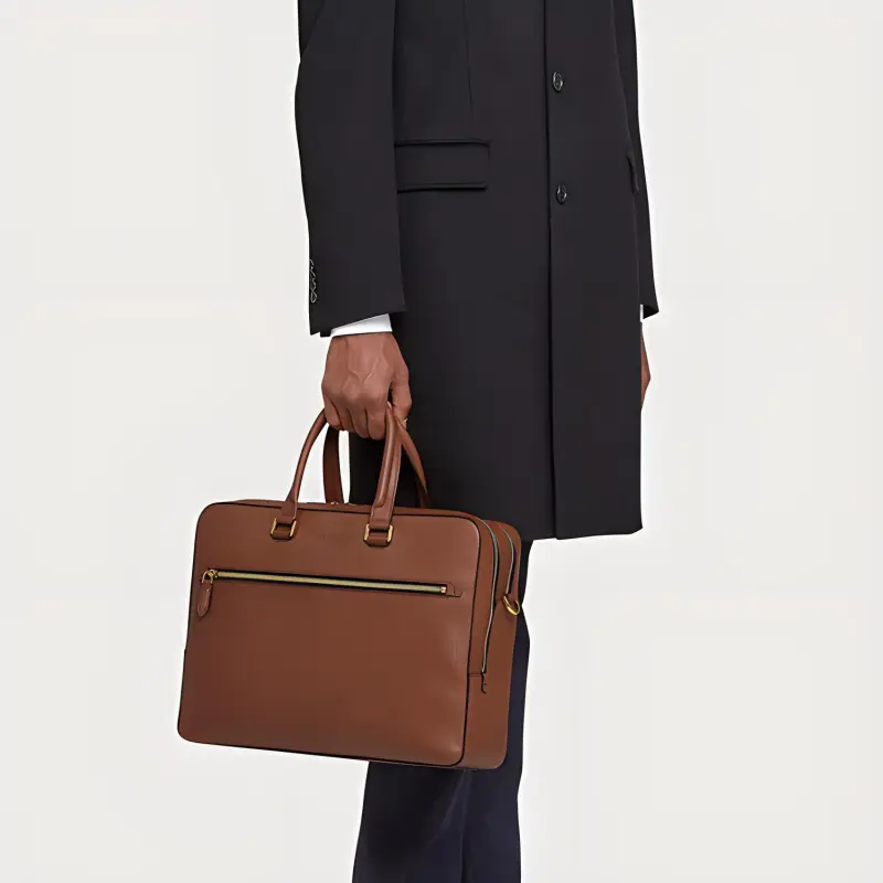 FERRAGAMO Hammered Texture Cow Leather Briefcase, Handbag Men's Brown-5