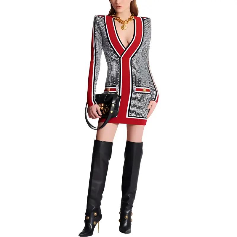 BALMAIN V neck Monogram Knitted Minidress-1
