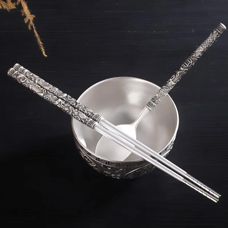 QINGFU 999 Fine Silver Bowl, Chopsticks, And Spoon Three Piece Set Unisex-6