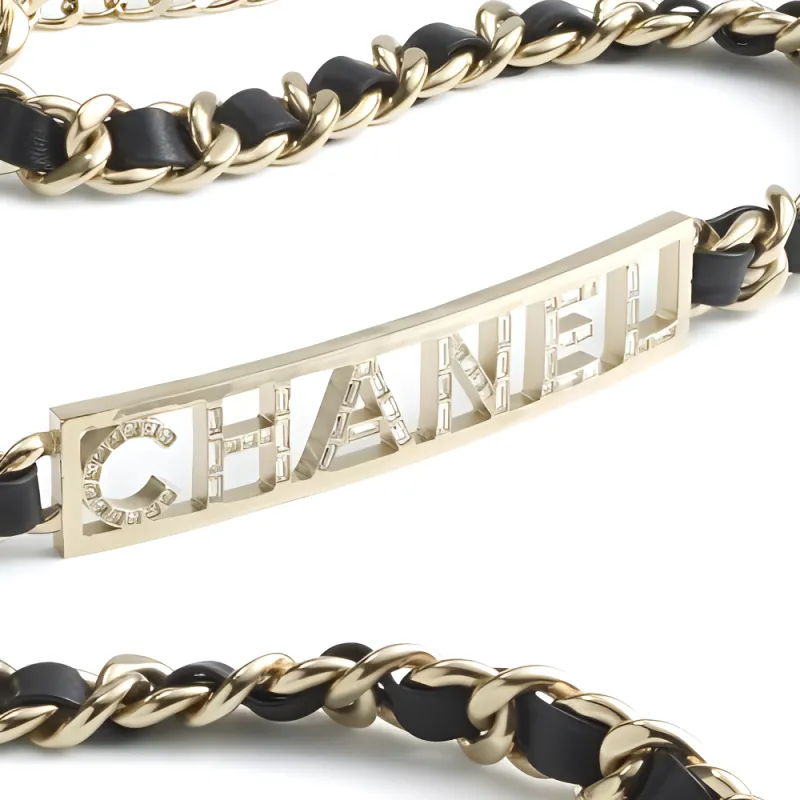 CHANEL Letter Logo Leather Belts Women's Black --1