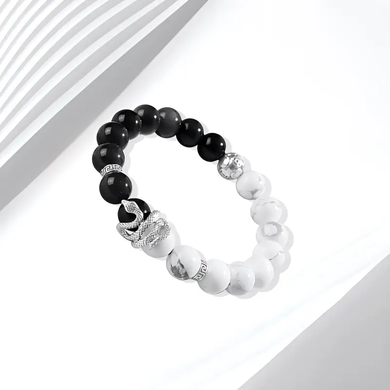 Muyan Obsidian Copper Coin Fu Snake Beaded Bracelet Unisex-1