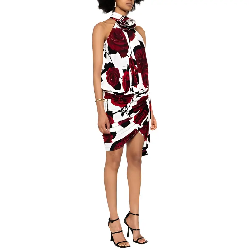 BALMAIN Rose Printed Ruched Mini Dress-4