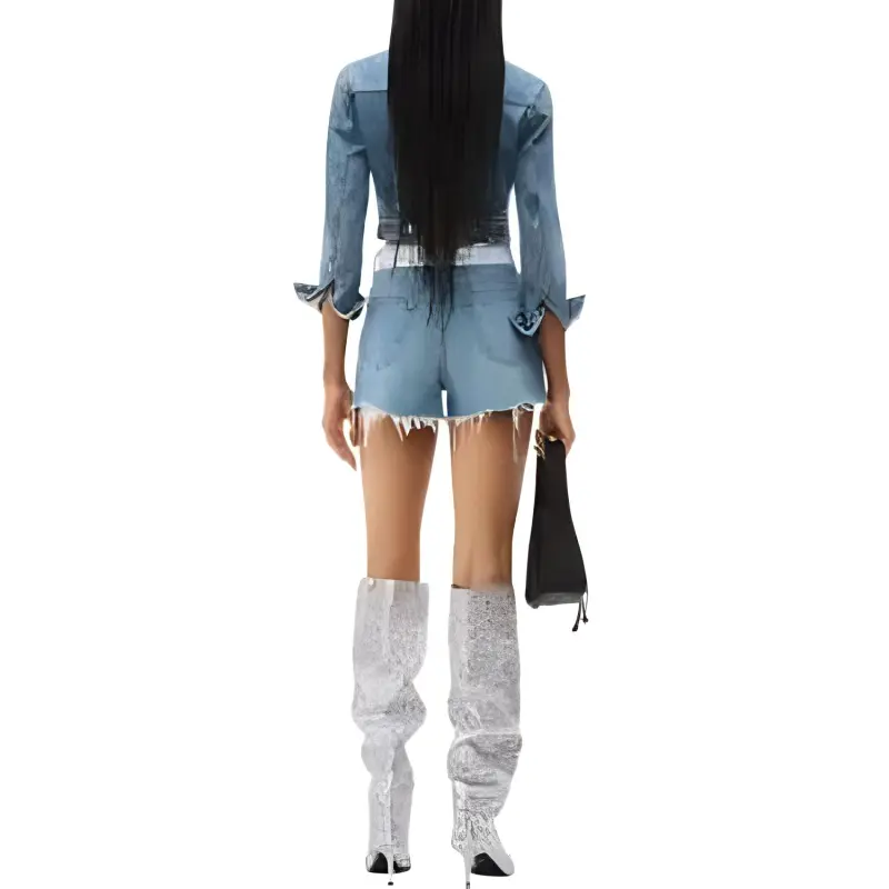 T By Alexander Wang Logo Webbing High Rise Bite Shorts Vintage Light Indigo-1