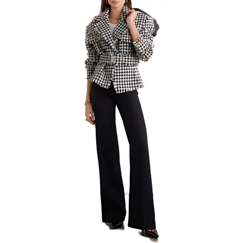 BALMAIN Houndstooth Tweed Belted Jacket-2