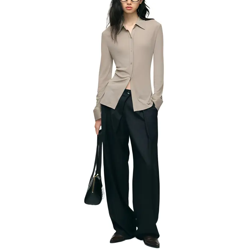 YOEYYOU Casual Pants Women's Dark Blue Stripes-1
