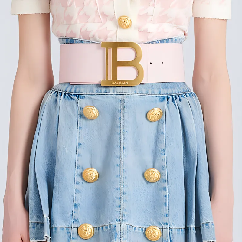 BALMAIN B-Type Loose Fit Decoration Smooth Buckle Leather Belts Women's Pink Width 7.5CM-2