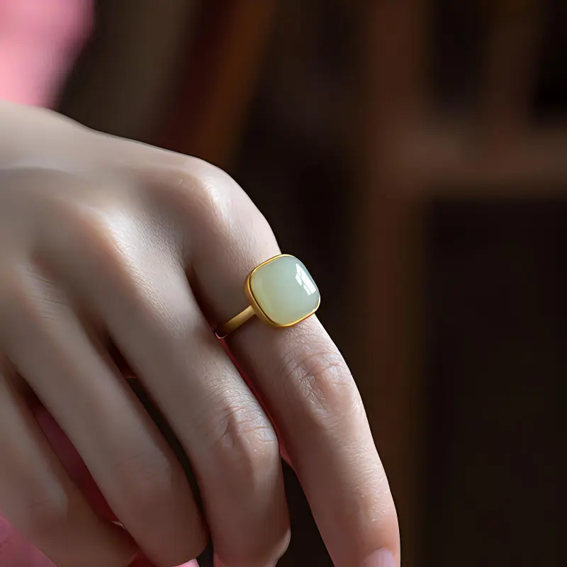 Heng Tai Jewelry Hetian Jade 925 Sterling Silver Rings Women's White Jade-2