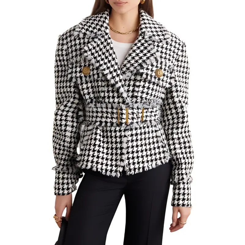 BALMAIN Houndstooth Tweed Belted Jacket-3
