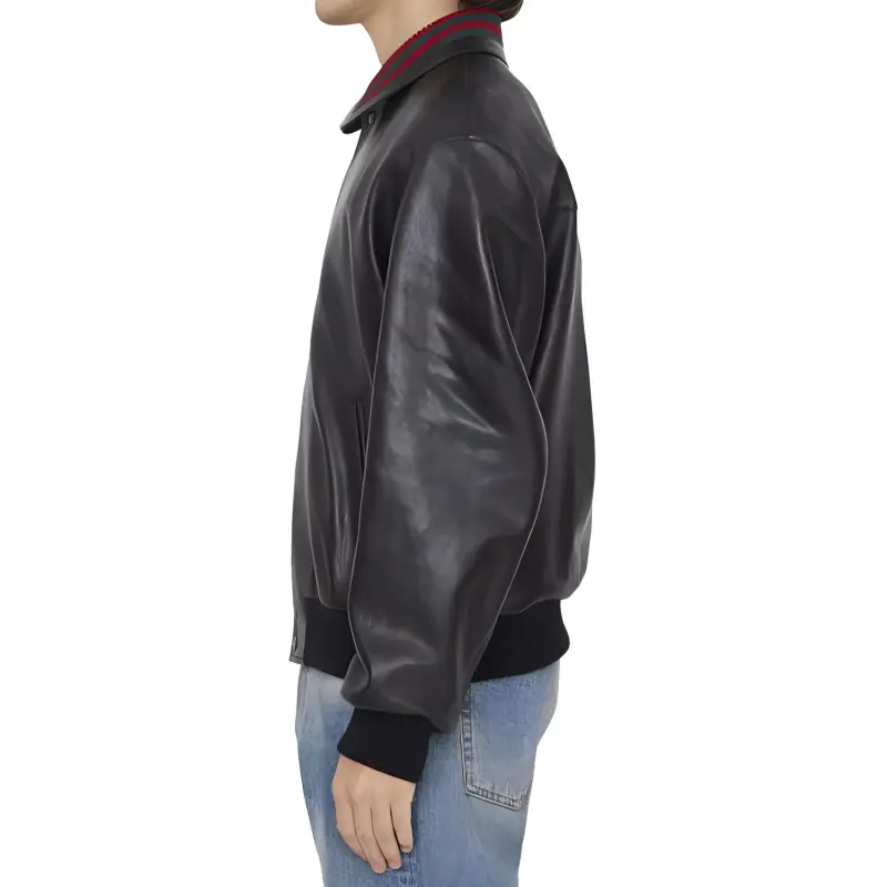 GUCCI Web Striped Detail Leather Bomber Jacket-2