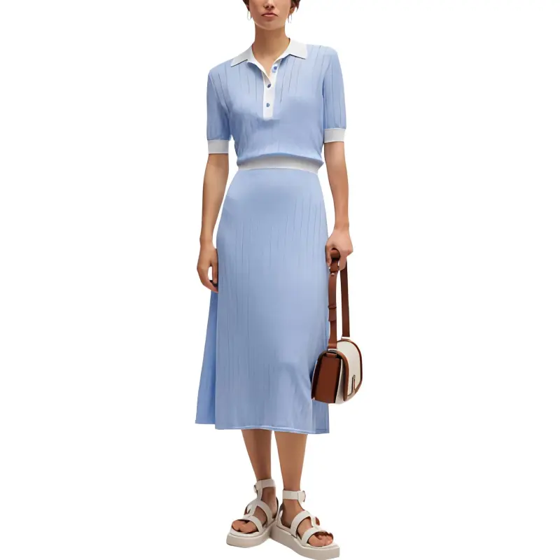 HUGO BOSS Linen Blend Dress With Button Placket Short Sleeved Dress Women's Blue-3