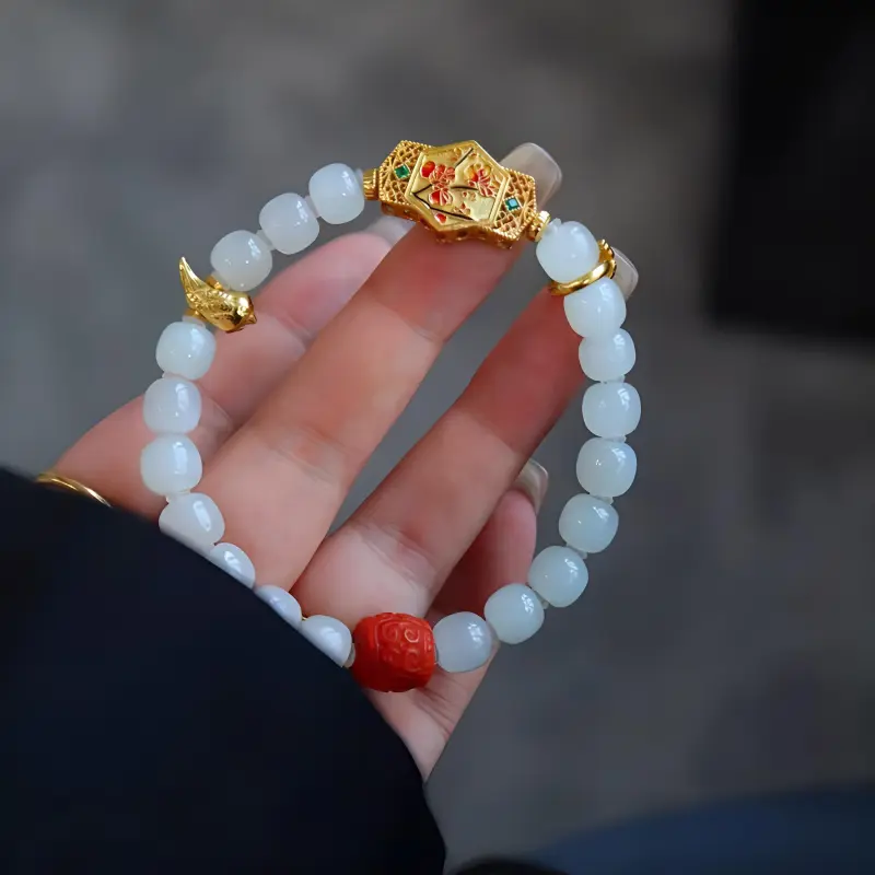 Cuiya Golden Building Hetian Jade Bracelets Pale Greenish White Jade Unisex-1