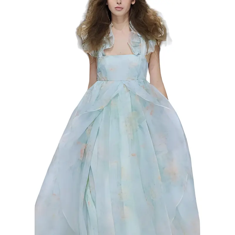 Selkie Collection SS24 Sleeveless Dress Women's Light Blue Base Mint Herbal Print-1