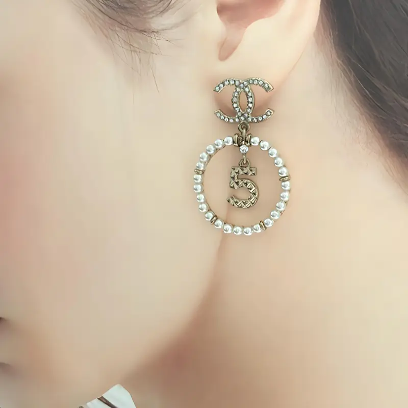 CHANEL Gold/White Earrings Women's-3