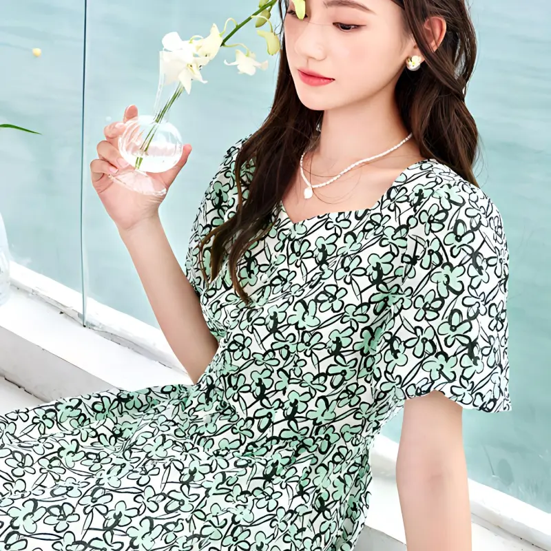 XIANGYING Short Sleeved Dresses Women's Apple Green-3
