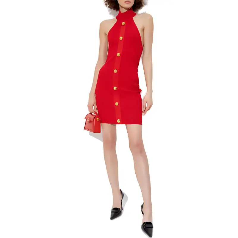 BALMAIN Off Shoulder Button-Detailed Mini Dress-1