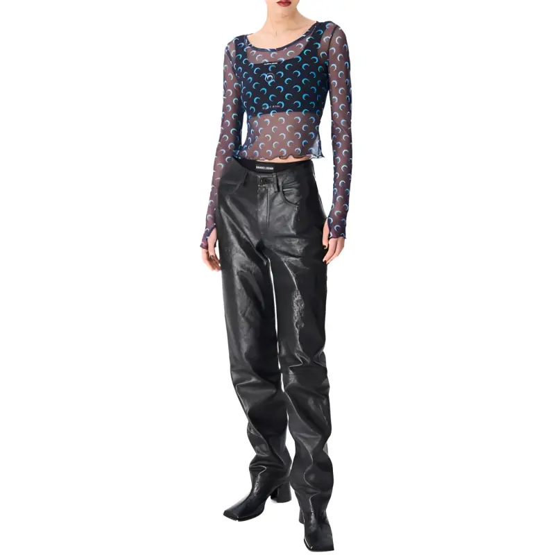 Marine Serre Moon Printed Mesh Second Skin Cropped Top 'Navy'-2