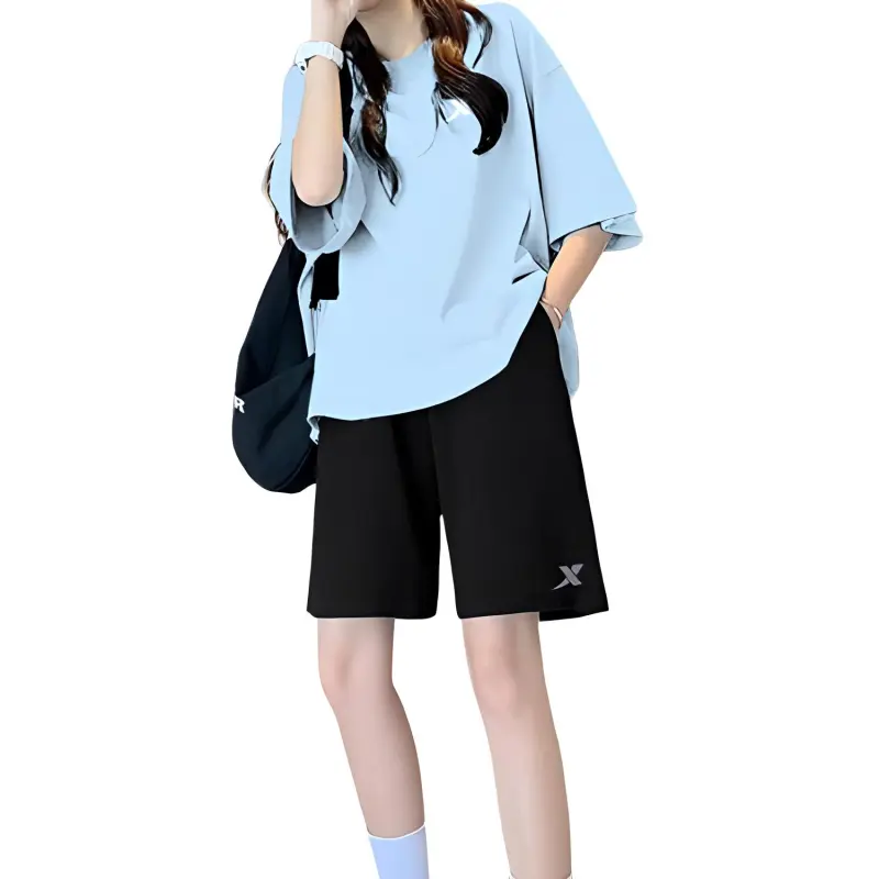XTEP Casual Sportswear Unisex Set Water Bay Blue Short Sleeved Shirt+Black Shorts-1