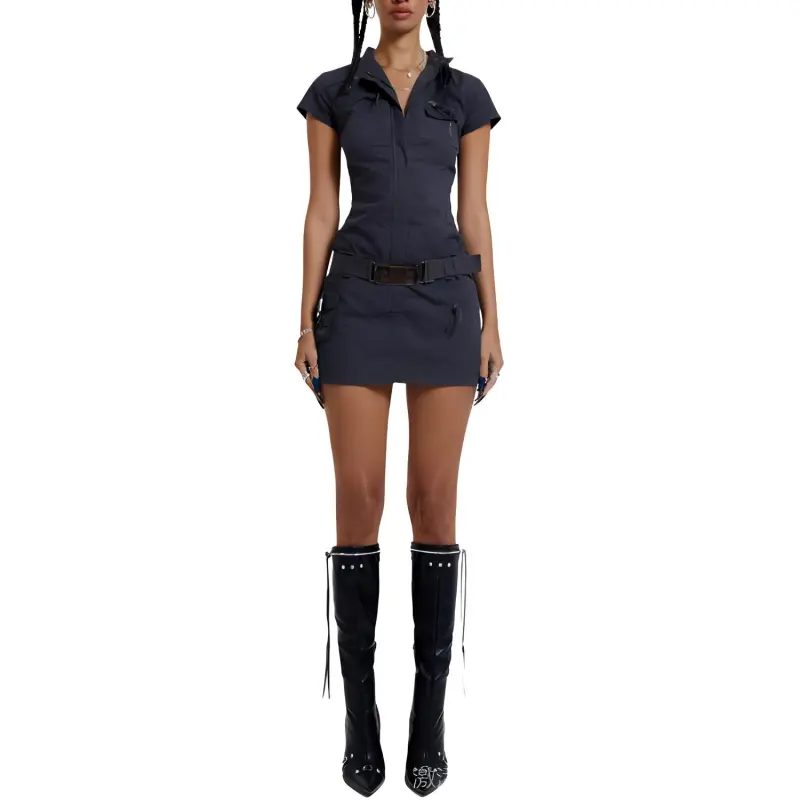Jaded London Vintage Grey Cargo Mini Dress With Belt Detail Short-Sleeved Dresses Women's GREY/Gray-2