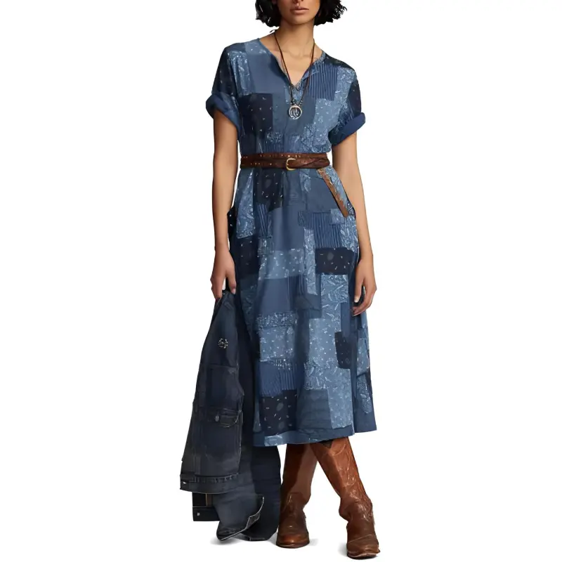 Polo Ralph Lauren Hattie Patchwork Midi Dress-2