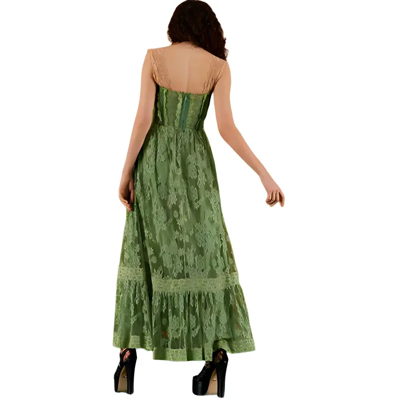 GUCCI Sleeveless Lace Corset Tiered Dress Green-3