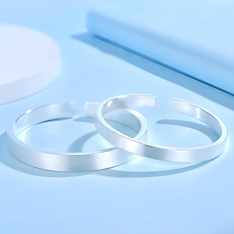 QINGFU 9999 Pure Silver Solid Open Ended Bangle Minimalist Style Fashion Women's-3