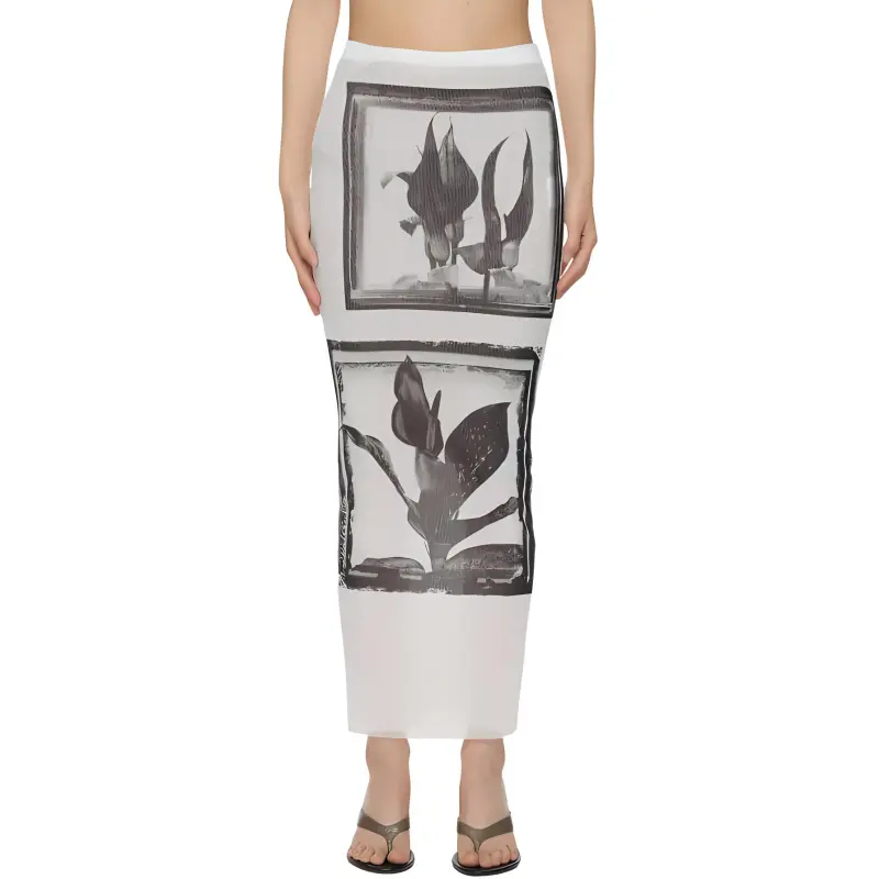 Jean Paul Gaultier Printed Flowers Sheer Front Long Skirt 'White/Grey/Black'-2