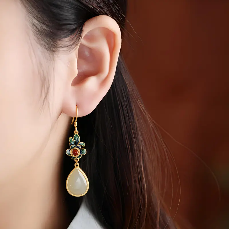 Heng Tai Jewelry S925 Silver Hetian Jade Earrings Women's Pale Greenish White Jade-1