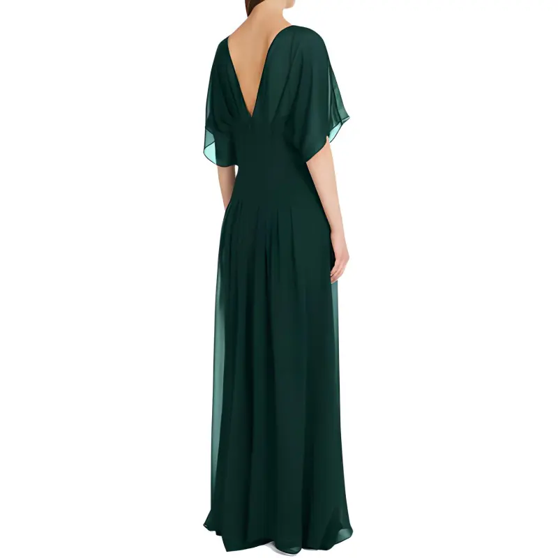MaxMara Studio Murge Collection Long Silk Georgette Dress Short Sleeved Dresses Women's Dark Green-2