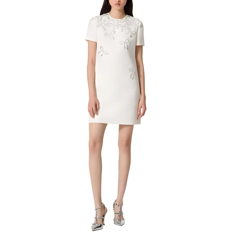 Valentino SS24 Embroidered Crepe Couture Short Dress Short Sleeved Dress Women's Ivory-1
