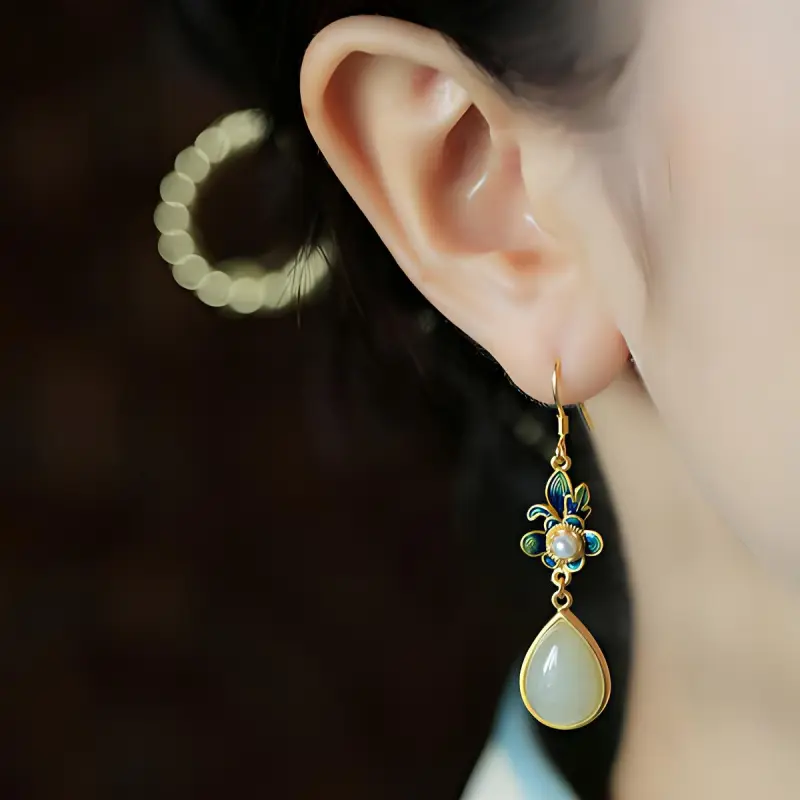 Xiaoyinjiang 925 Sterling Silver Hetian Jade Earrings Women's Pale Greenish White Jade-2
