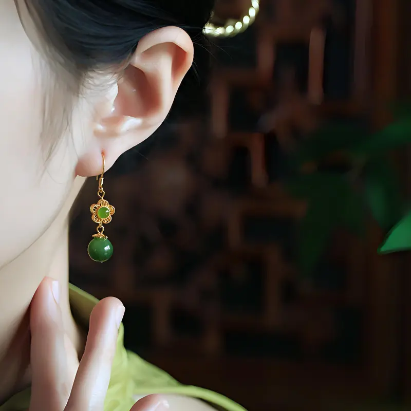Xiaoyinjiang 925 Sterling Silver Hetian Jade Earrings Women's Jasper-3