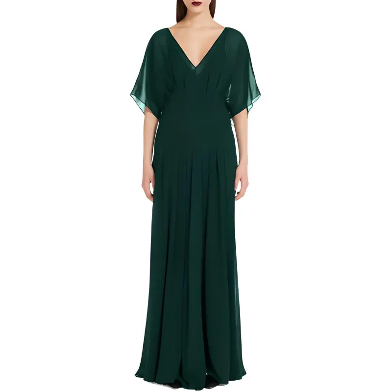MaxMara Studio Murge Collection Long Silk Georgette Dress Short Sleeved Dresses Women's Dark Green-1