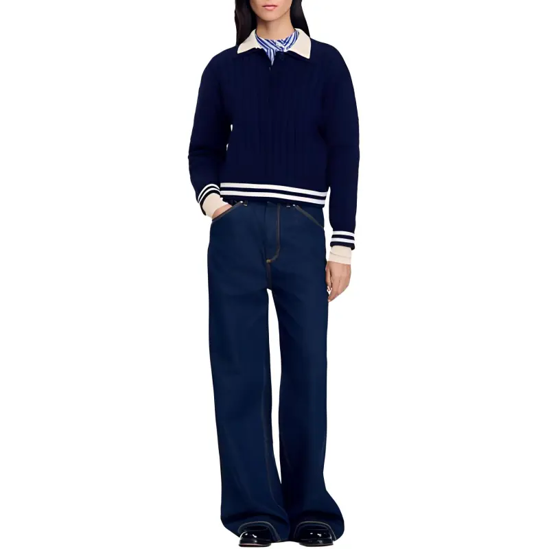 Sandro Stripe trim Knitted Polo Top-1