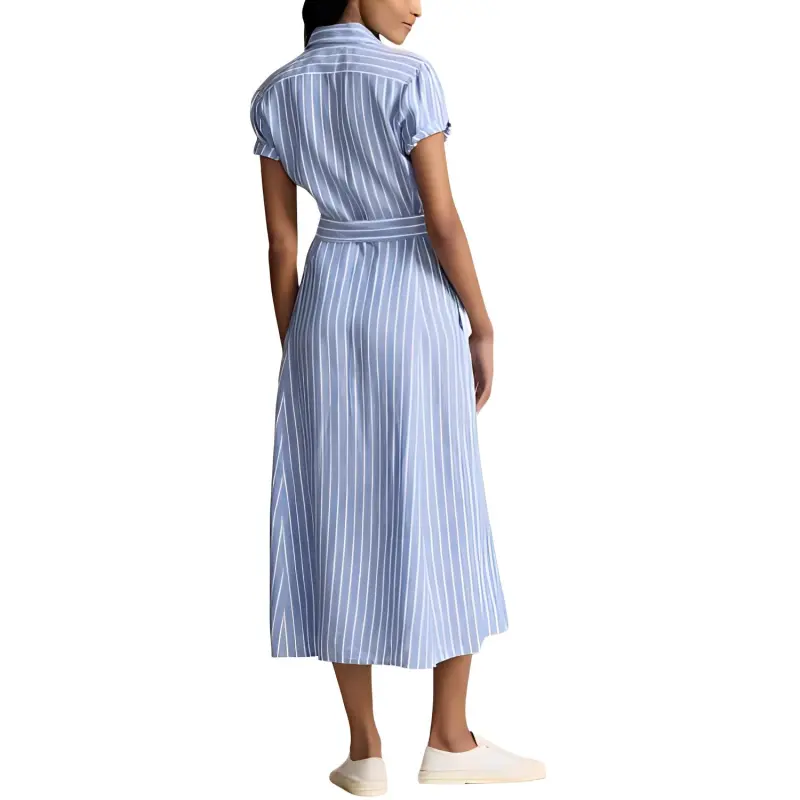 Polo Ralph Lauren Belted Striped Linen Shirtdress Short Sleeved Dress Women's Light Blue-2