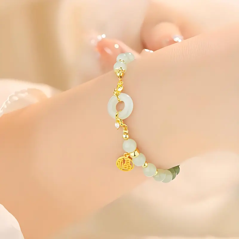 Old Fu Gold S925 Sterling Silver, Hetian Jade Bracelet Pale Greenish White Jade Women's-5