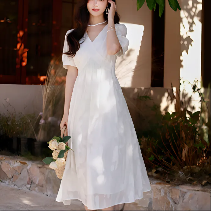 HUASJ Short Sleeved Dresses Women's White-3
