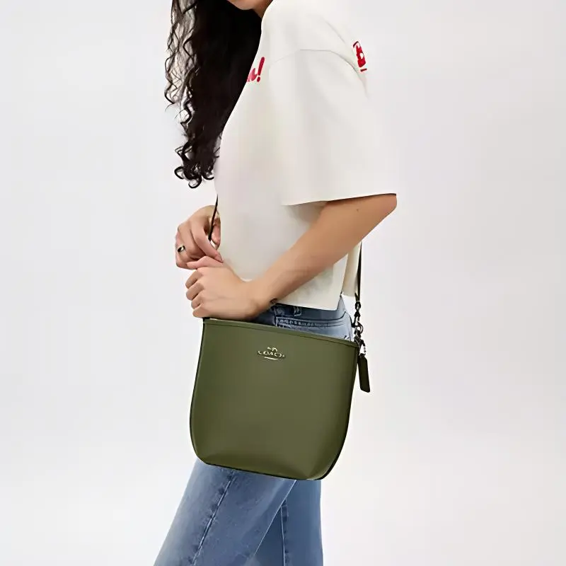 COACH City Leather Bucket Bag, Portable Crossbody Bag, Shoulder Bag Trumpets Women's Green-3