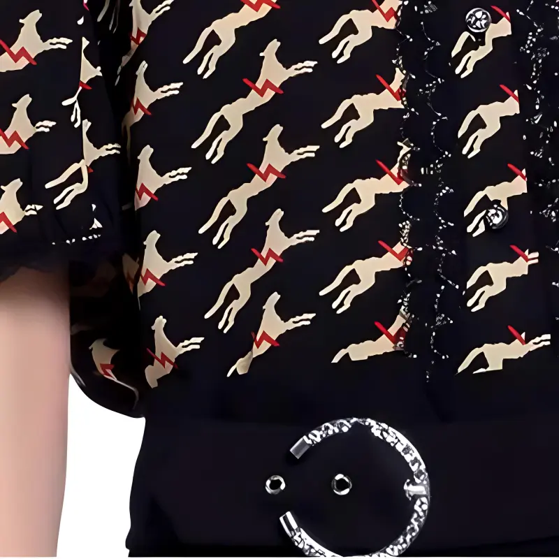 BESIONIA Animal Print Single Breasted Short Sleeved T Shirt Women's Black Pattern-8