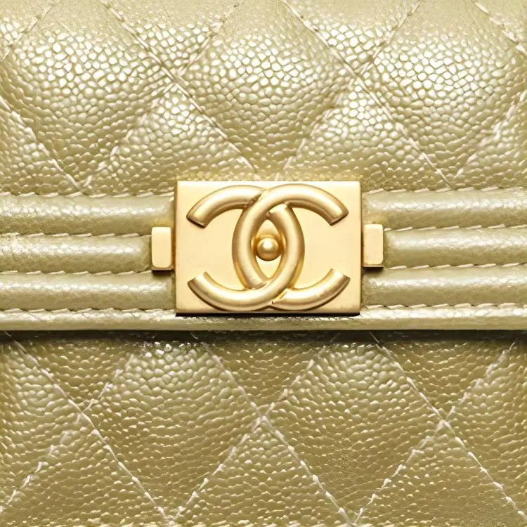 CHANEL 22K Autumn And Winter Pearl Grain Embossed Calfskin With Gold Metal Flap Bag Wallet Trumpets Women's Light Green-3