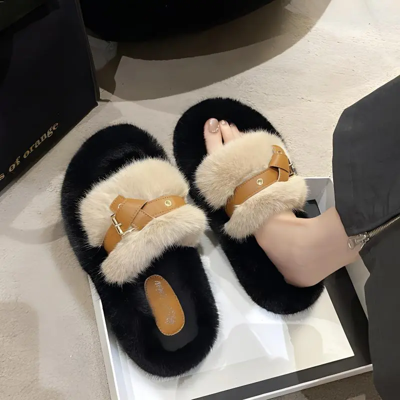 FGHGF Fuzzy Slippers Fall And Winter New Arrival Fashion Platform Slide Slipper With Soft Sole Cotton Slipper-4