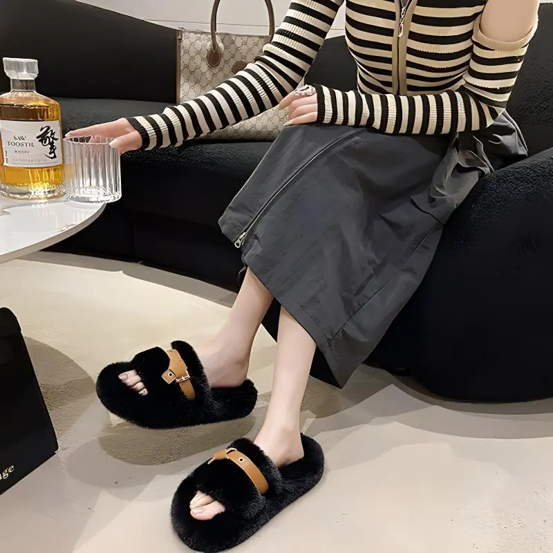 FGHGF Fuzzy Slippers Fall And Winter New Arrival Fashion Platform Slide Slipper With Soft Sole Cotton Slipper-6