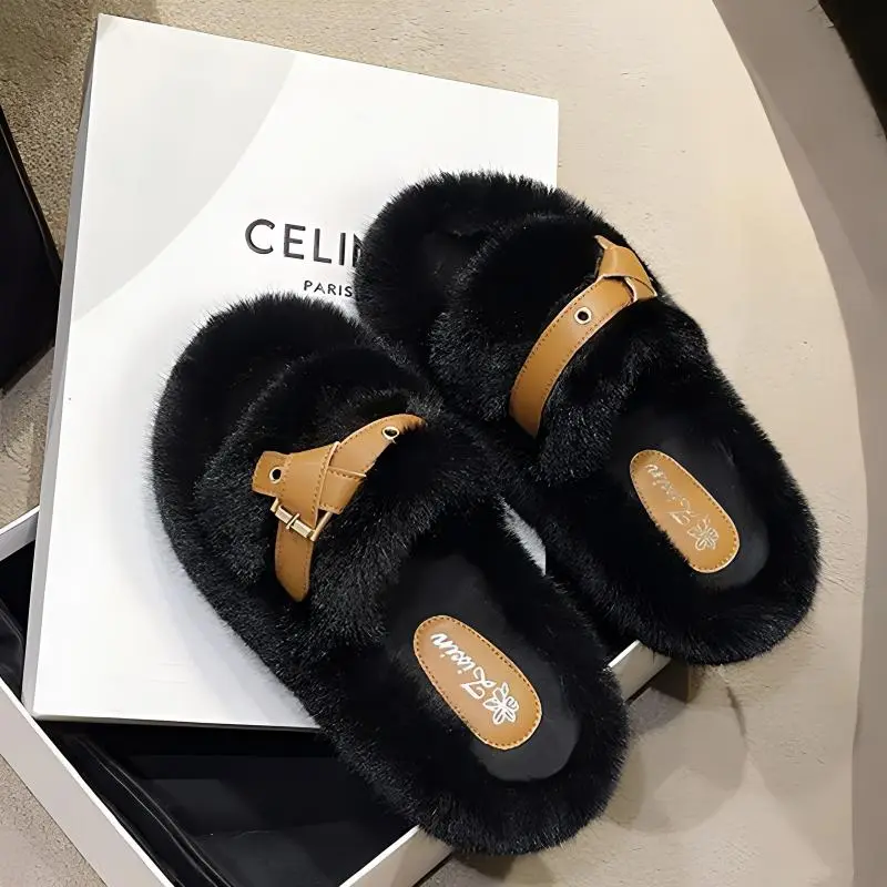 FGHGF Fuzzy Slippers Fall And Winter New Arrival Fashion Platform Slide Slipper With Soft Sole Cotton Slipper-7