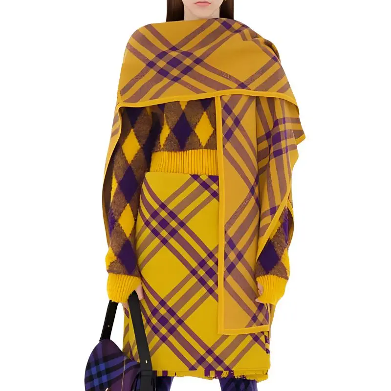 Burberry Check Wool Cape Jackets Coats Women's Yellow-1