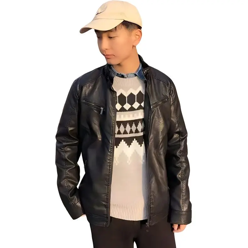 PIERRE CARDIN Stand Collar Leather Jacket Unisex-7